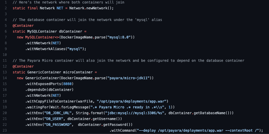 The full setup code example showing how easy Testcontainers makes integration tests for Jakarta EE applications